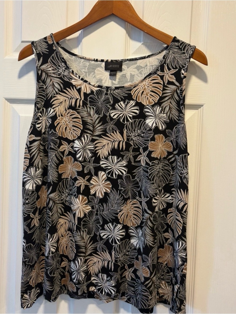 J. Jill Black Tank Top with Beige and White Tropical Floral Print